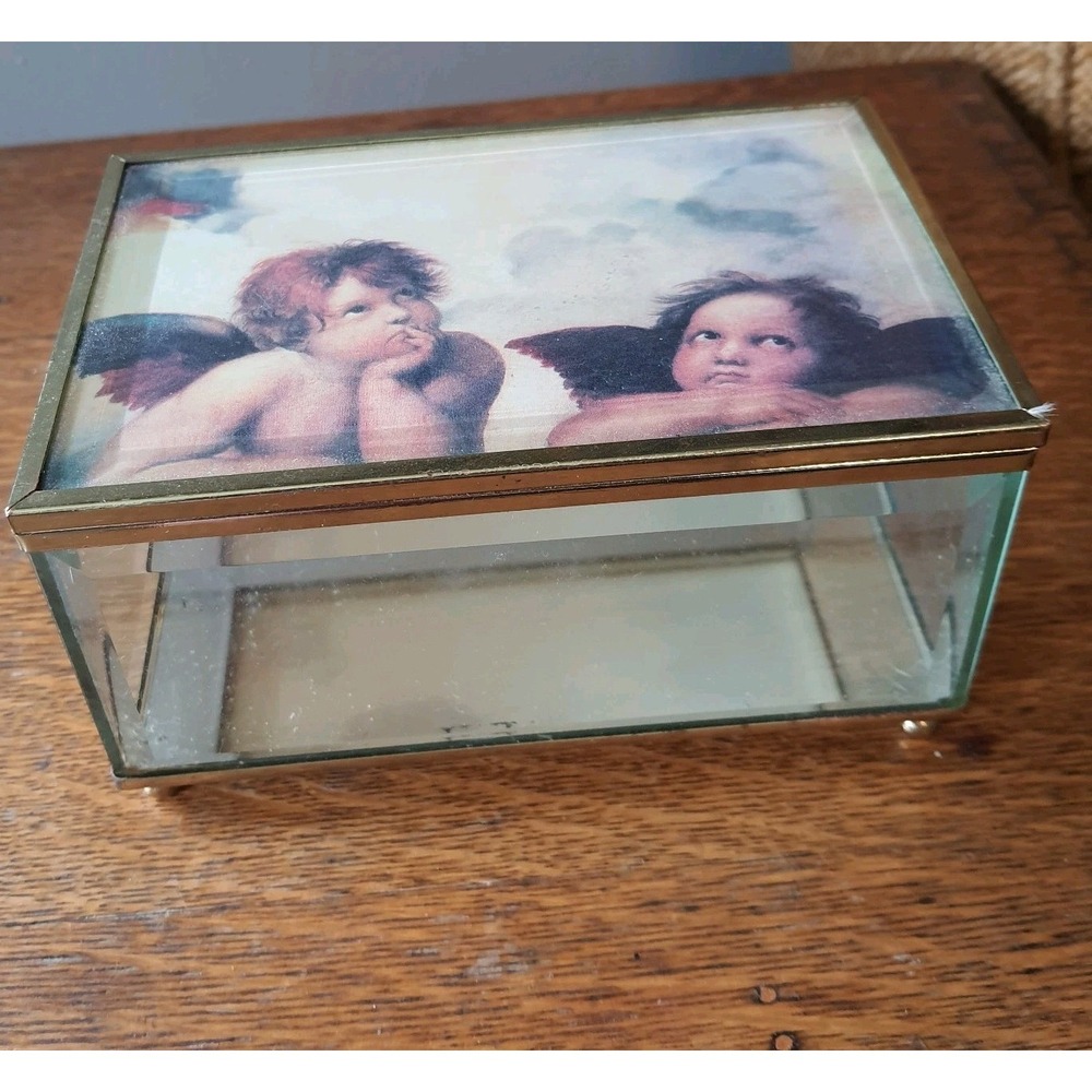 Vintage Clear Beveled Glass Footed Hinged Jewelry Box with 2 Cherub Motif